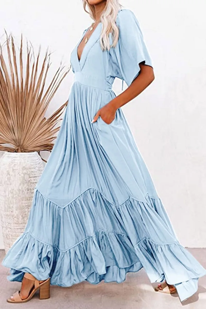 Chouyatou Women's Boho Ruffle Sleeve Flowy Maxi Dress Lace Up Back Tiered Party A Line Dress