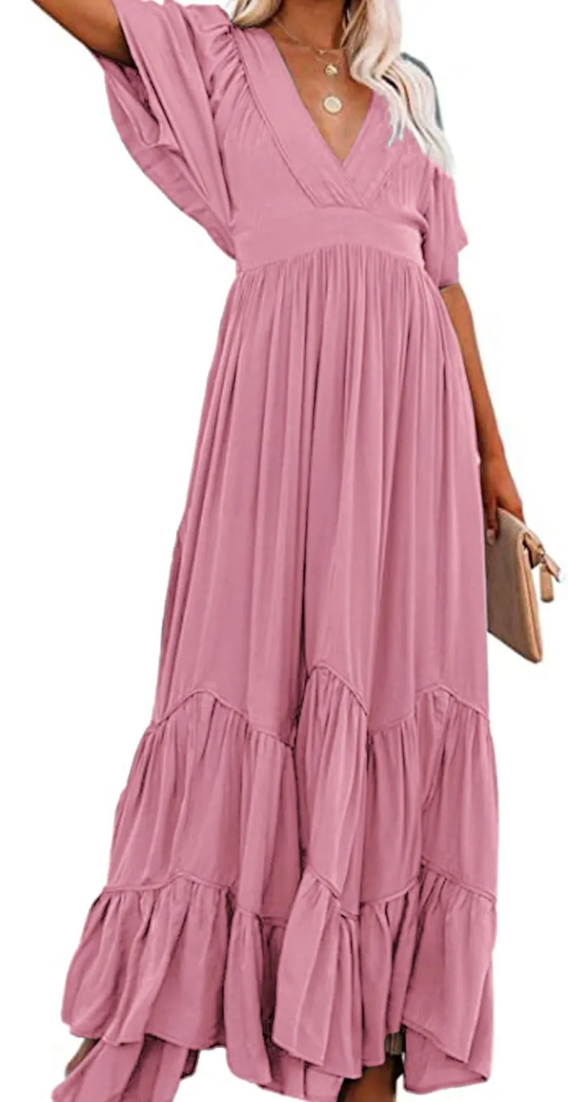 Chouyatou Women's Boho Ruffle Sleeve Flowy Maxi Dress Lace Up Back Tiered Party A Line Dress