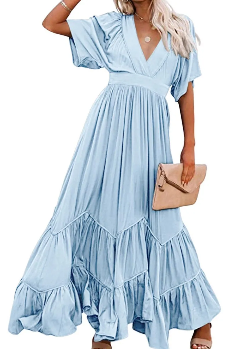 Chouyatou Women's Boho Ruffle Sleeve Flowy Maxi Dress Lace Up Back Tiered Party A Line Dress