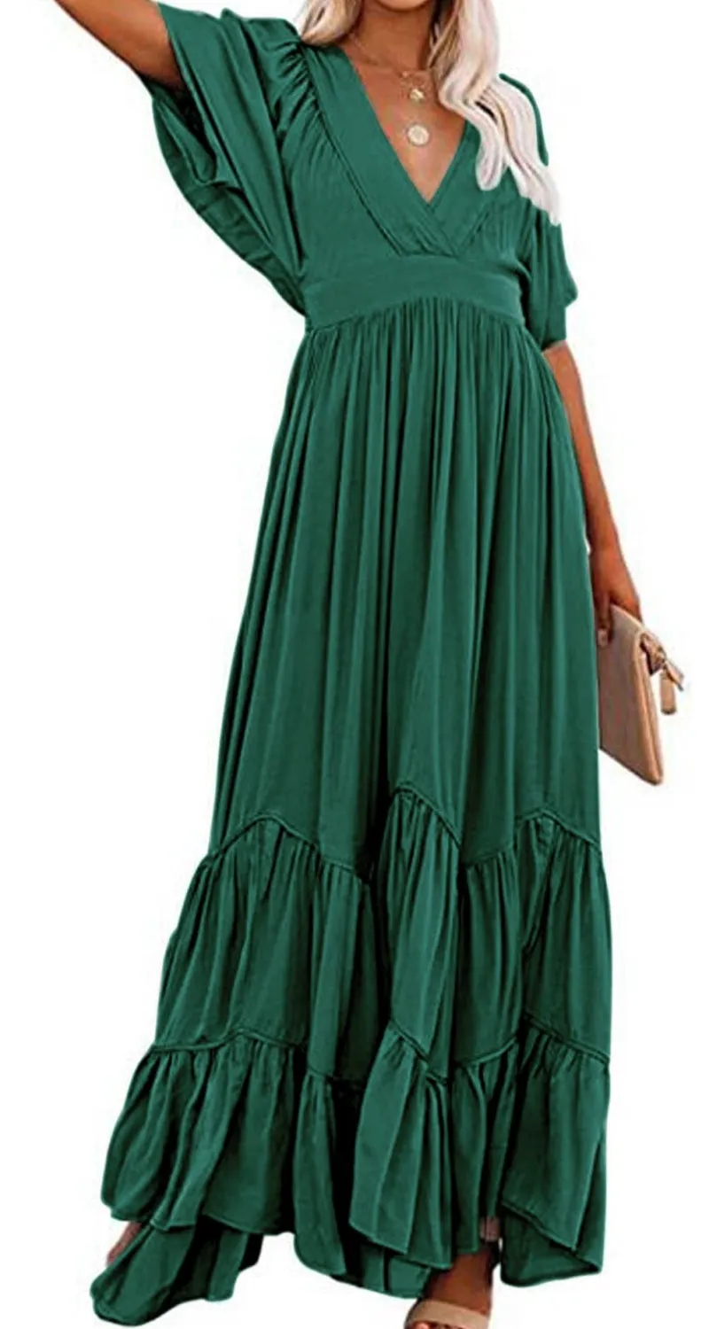 Chouyatou Women's Boho Ruffle Sleeve Flowy Maxi Dress Lace Up Back Tiered Party A Line Dress