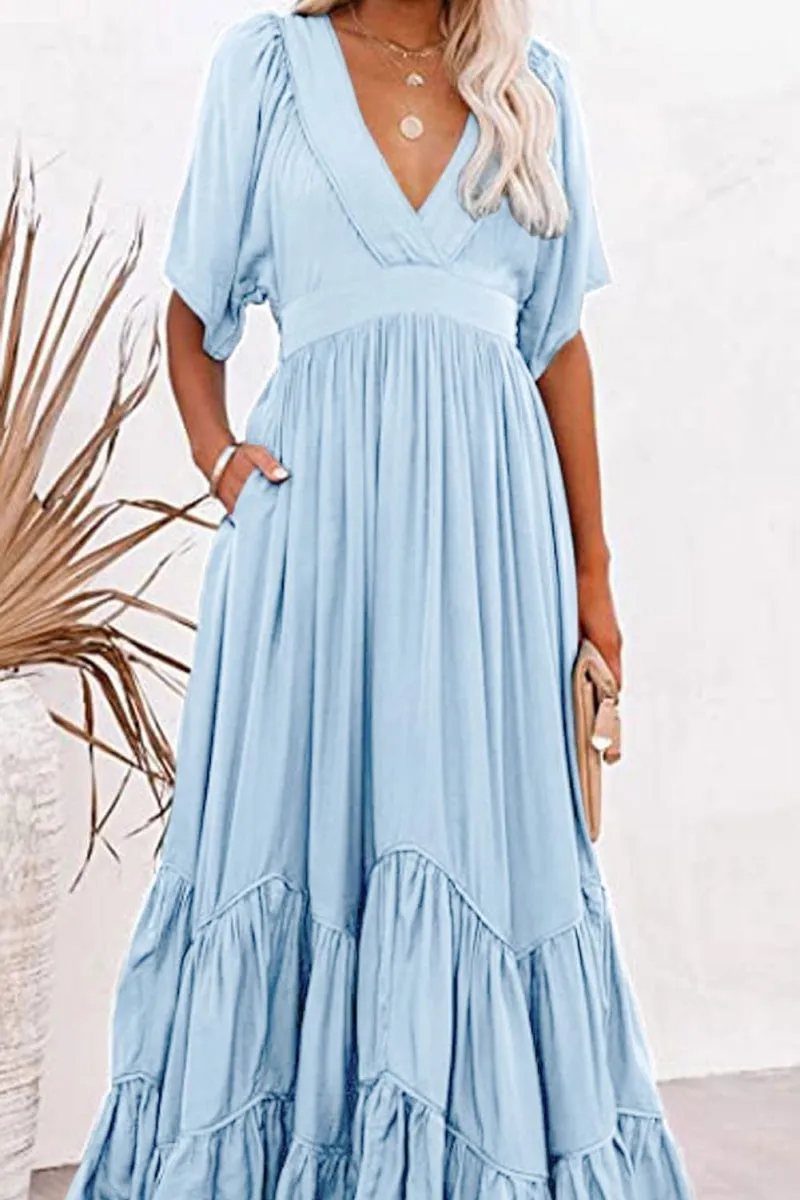 Chouyatou Women's Boho Ruffle Sleeve Flowy Maxi Dress Lace Up Back Tiered Party A Line Dress