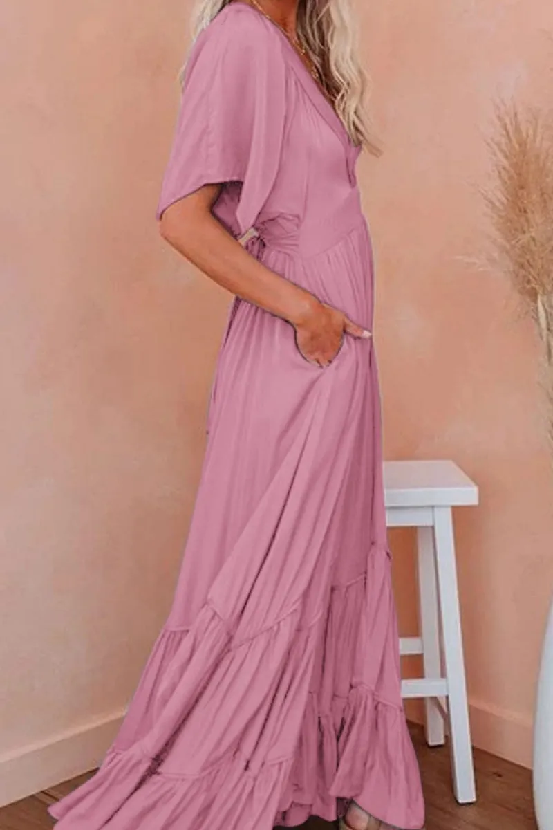Chouyatou Women's Boho Ruffle Sleeve Flowy Maxi Dress Lace Up Back Tiered Party A Line Dress