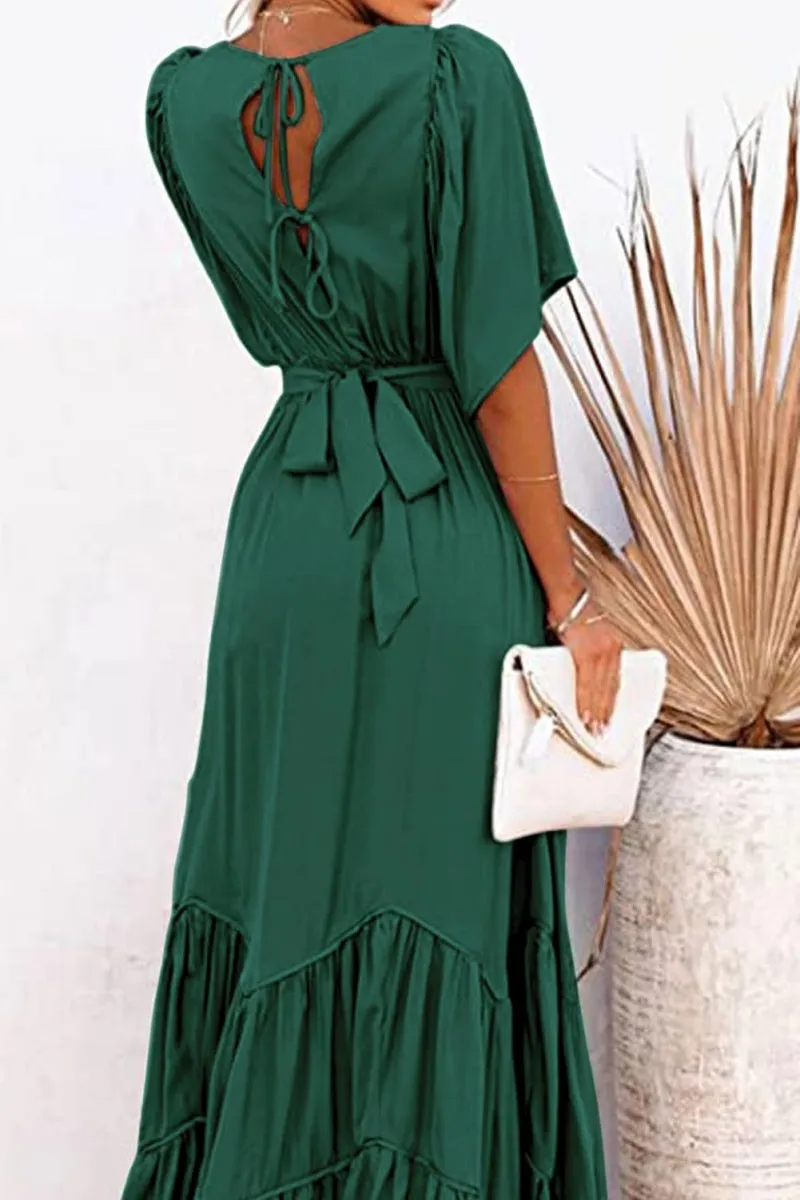 Chouyatou Women's Boho Ruffle Sleeve Flowy Maxi Dress Lace Up Back Tiered Party A Line Dress