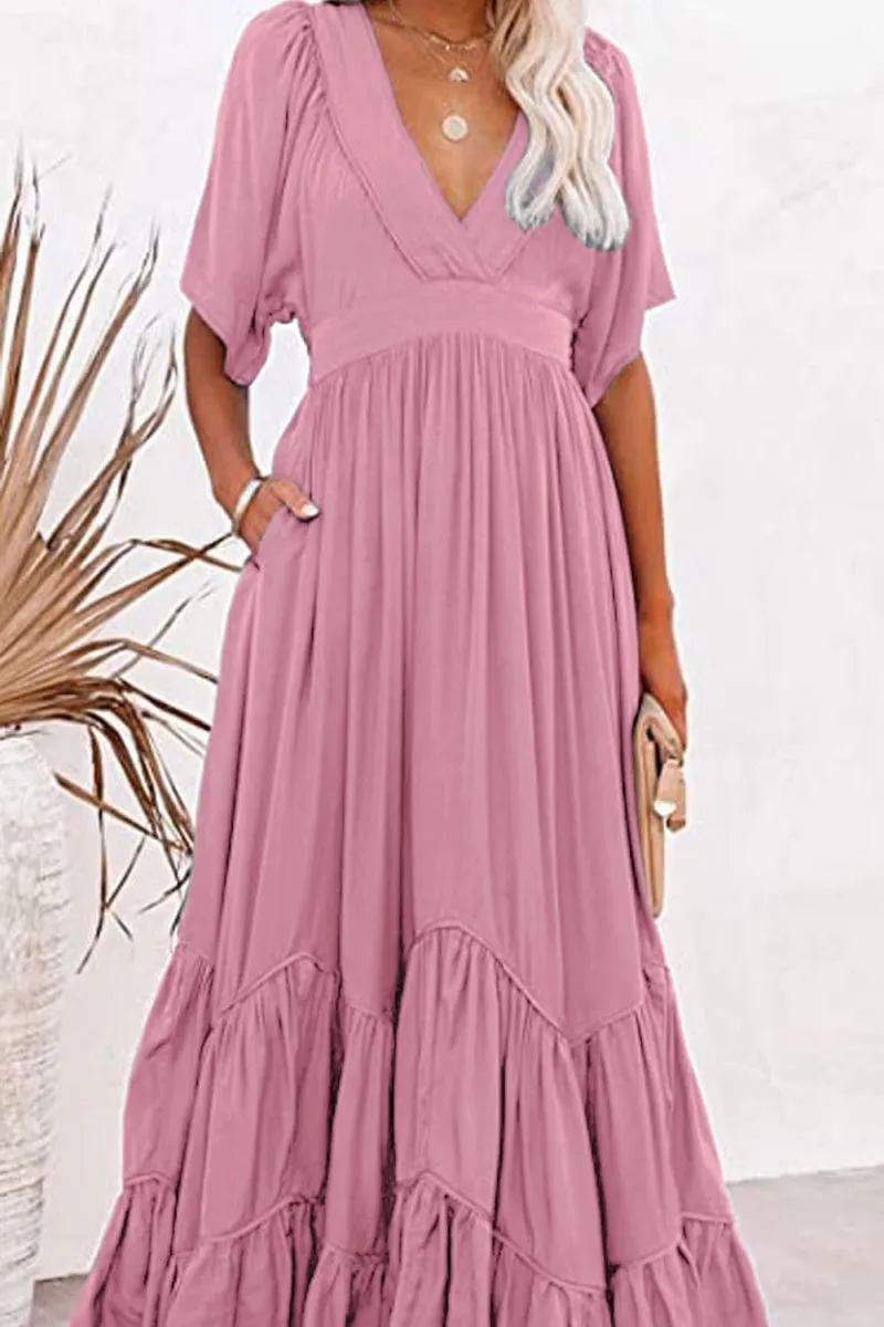 Chouyatou Women's Boho Ruffle Sleeve Flowy Maxi Dress Lace Up Back Tiered Party A Line Dress