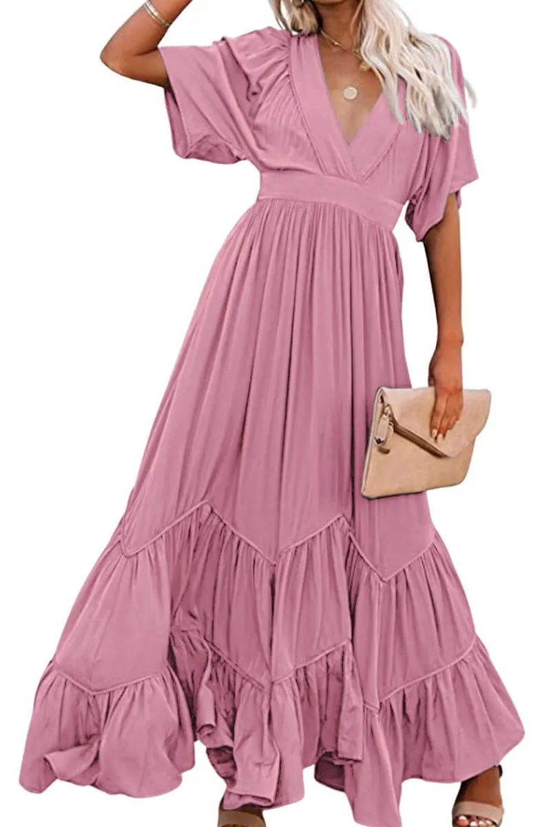 Chouyatou Women's Boho Ruffle Sleeve Flowy Maxi Dress Lace Up Back Tiered Party A Line Dress