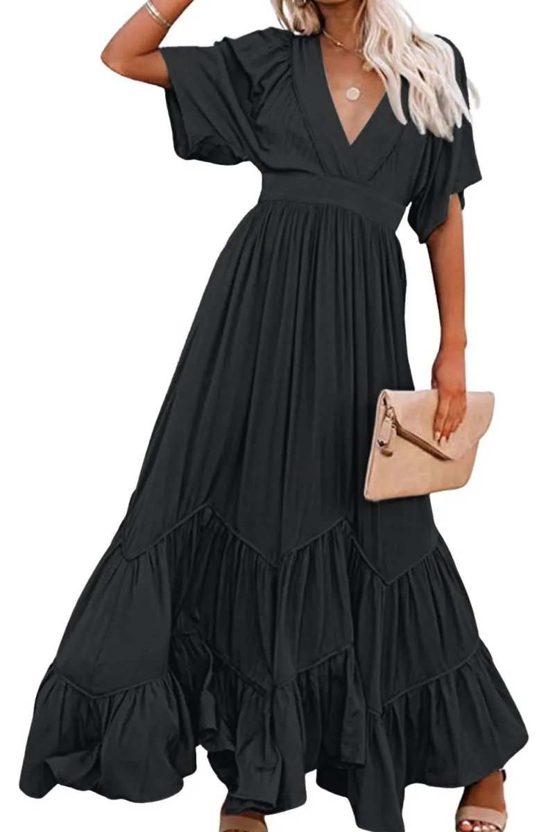 Chouyatou Women's Boho Ruffle Sleeve Flowy Maxi Dress Lace Up Back Tiered Party A Line Dress