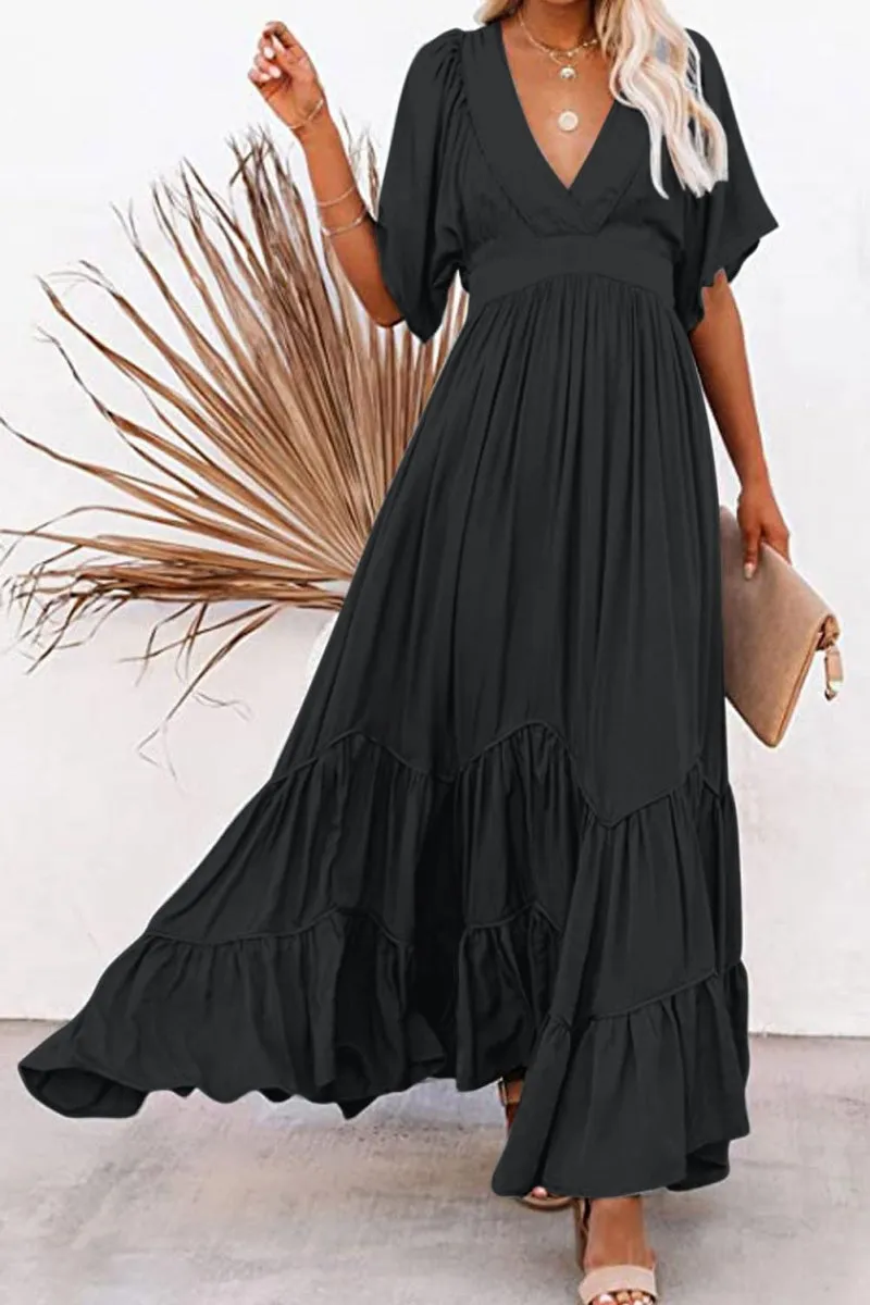 Chouyatou Women's Boho Ruffle Sleeve Flowy Maxi Dress Lace Up Back Tiered Party A Line Dress