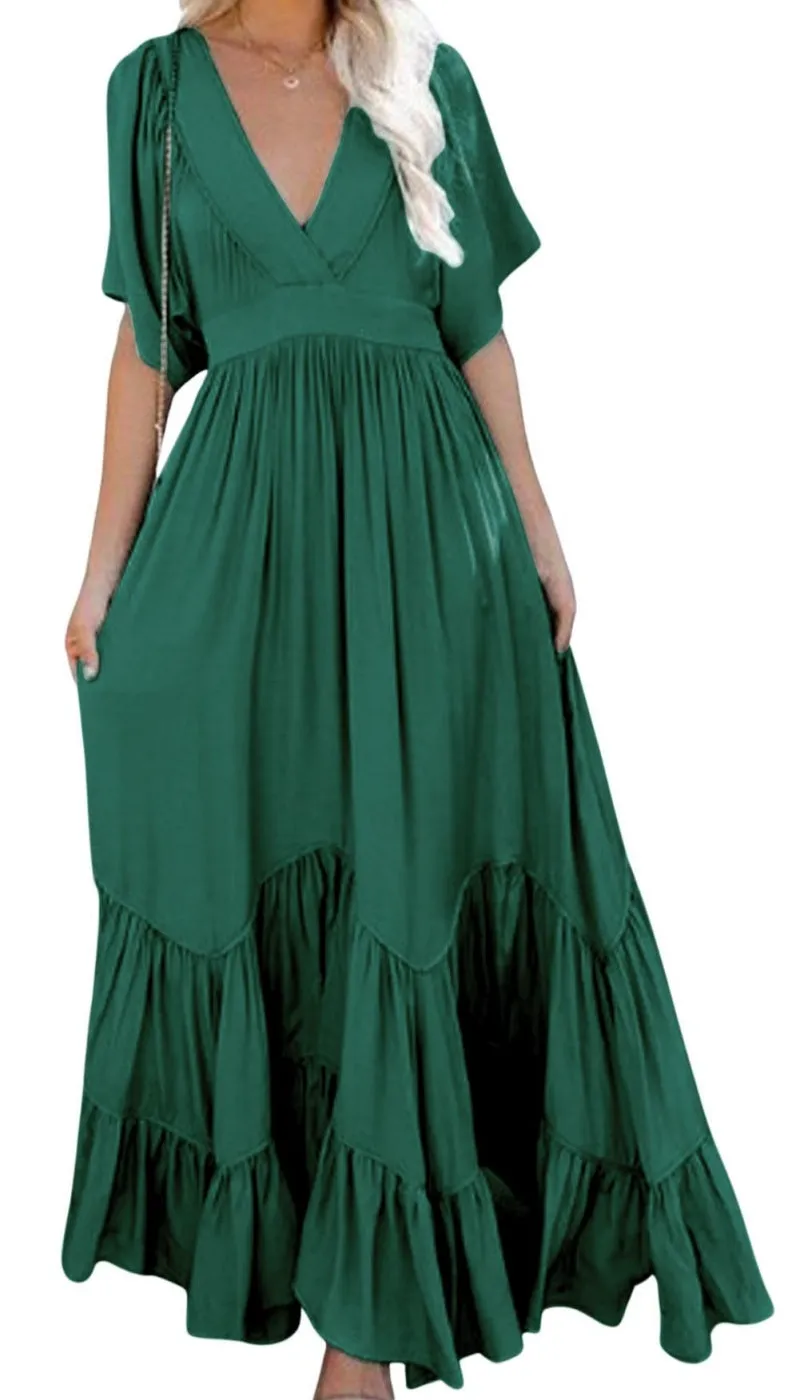 Chouyatou Women's Boho Ruffle Sleeve Flowy Maxi Dress Lace Up Back Tiered Party A Line Dress