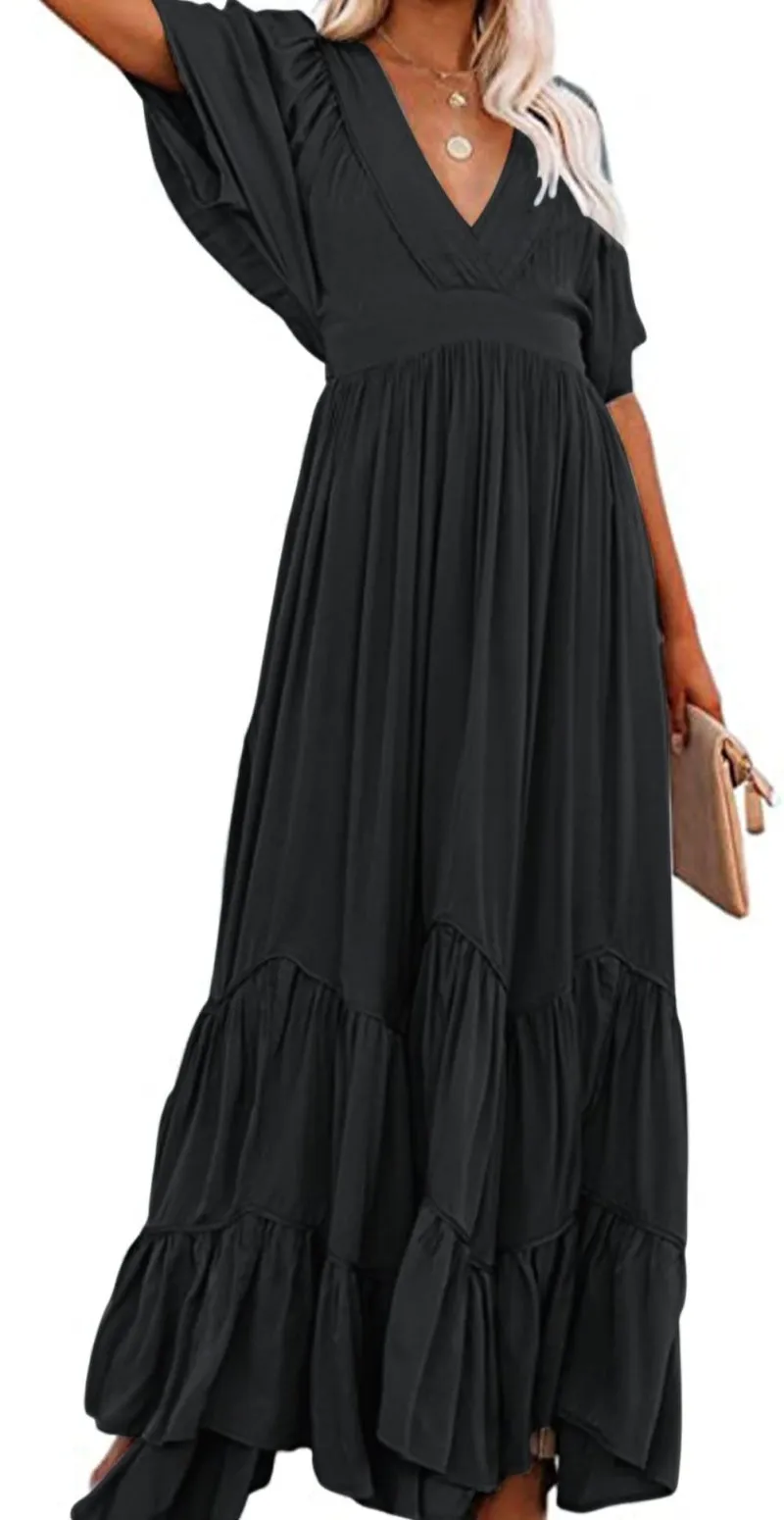 Chouyatou Women's Boho Ruffle Sleeve Flowy Maxi Dress Lace Up Back Tiered Party A Line Dress
