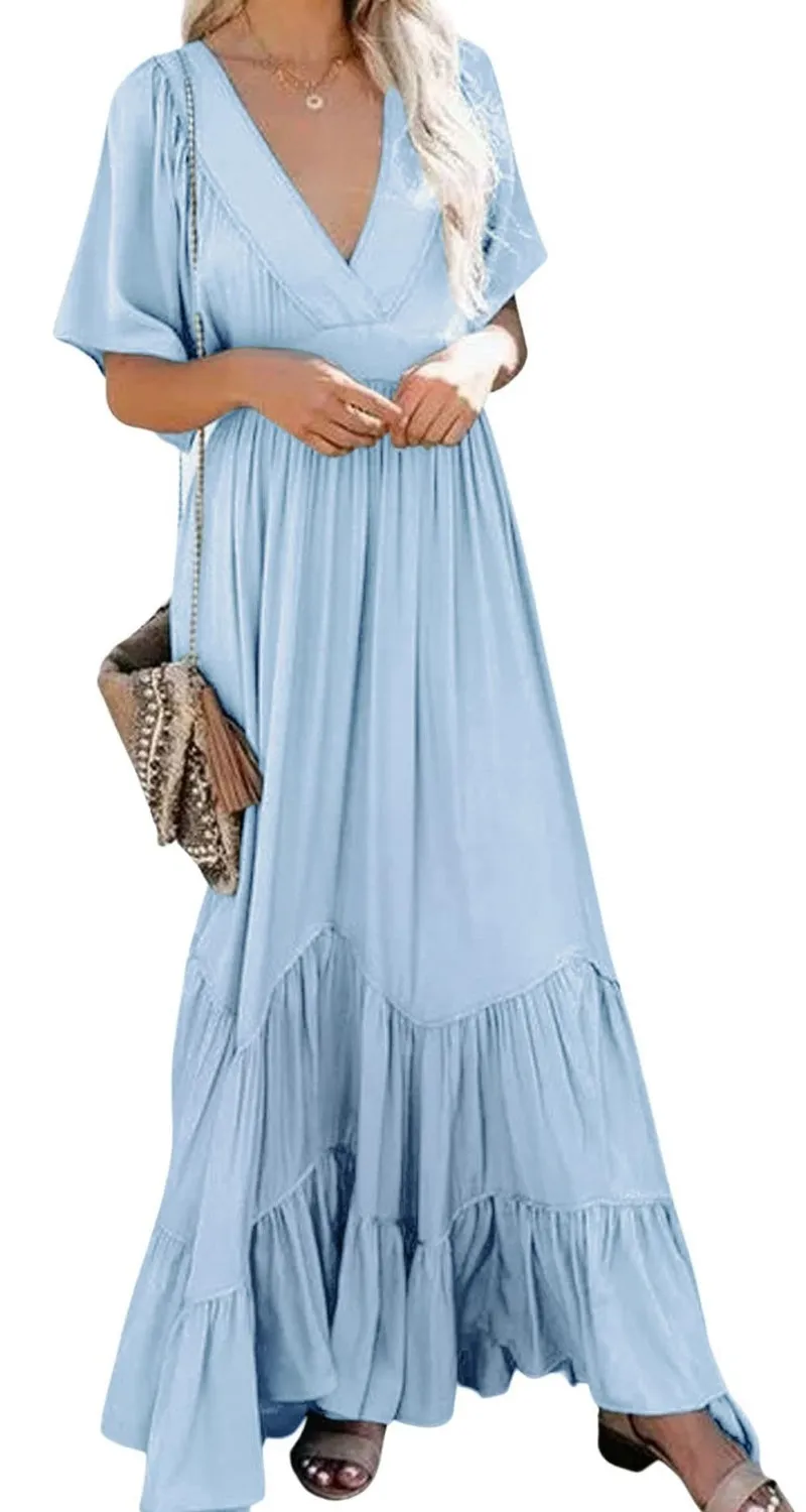 Chouyatou Women's Boho Ruffle Sleeve Flowy Maxi Dress Lace Up Back Tiered Party A Line Dress