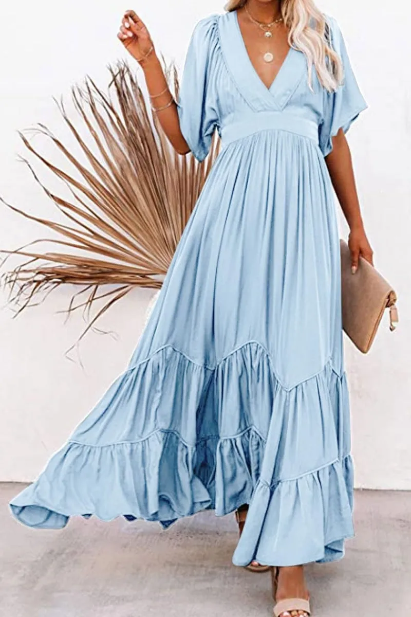 Chouyatou Women's Boho Ruffle Sleeve Flowy Maxi Dress Lace Up Back Tiered Party A Line Dress