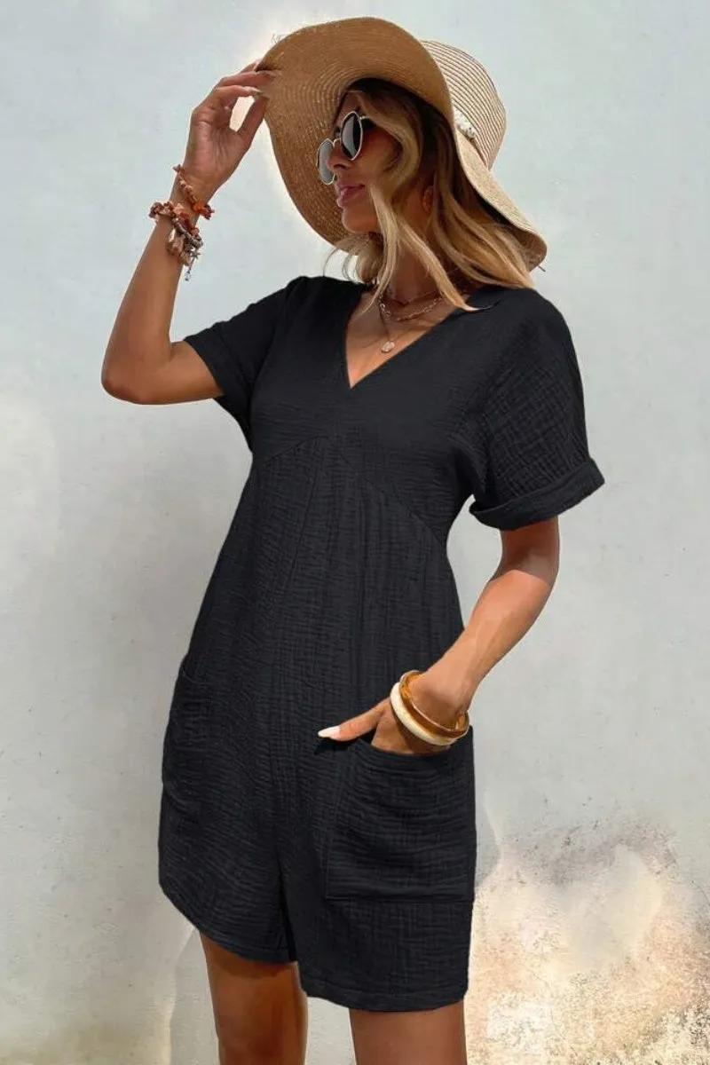 Chouyatou Womens Short Sleeve Rompers Summer Casual Loose Fit V-Neck Short One Piece Jumpsuits with Pockets