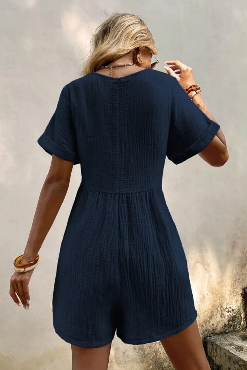 Chouyatou Womens Short Sleeve Rompers Summer Casual Loose Fit V-Neck Short One Piece Jumpsuits with Pockets