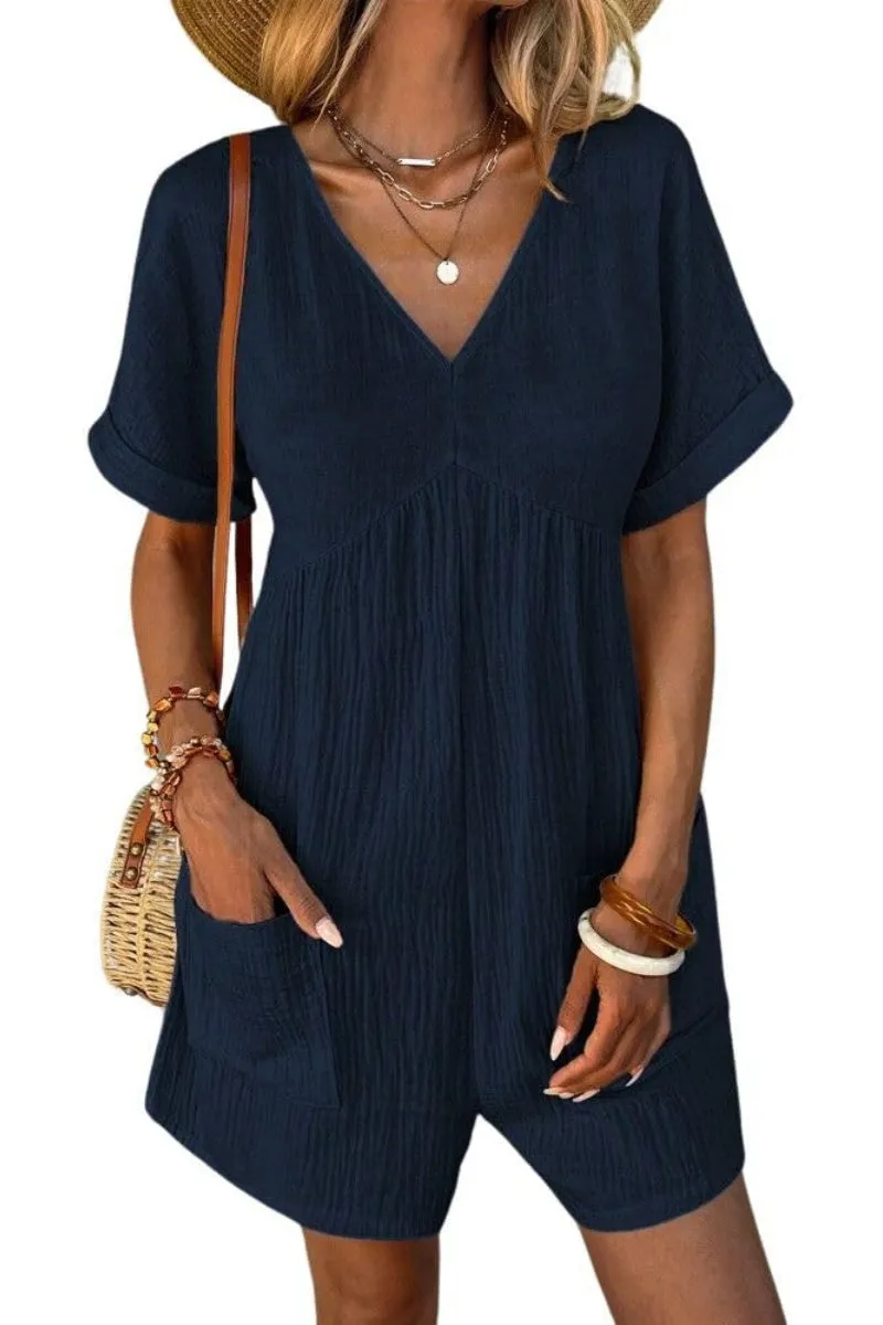 Chouyatou Womens Short Sleeve Rompers Summer Casual Loose Fit V-Neck Short One Piece Jumpsuits with Pockets