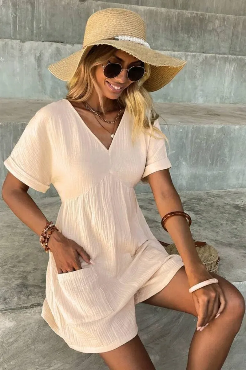 Chouyatou Womens Short Sleeve Rompers Summer Casual Loose Fit V-Neck Short One Piece Jumpsuits with Pockets