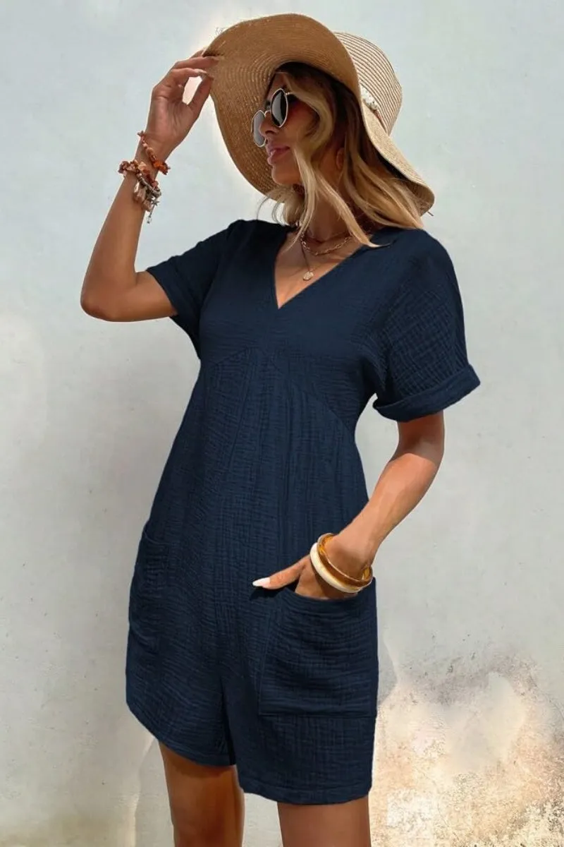 Chouyatou Womens Short Sleeve Rompers Summer Casual Loose Fit V-Neck Short One Piece Jumpsuits with Pockets