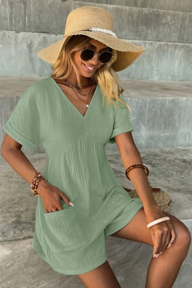 Chouyatou Womens Short Sleeve Rompers Summer Casual Loose Fit V-Neck Short One Piece Jumpsuits with Pockets