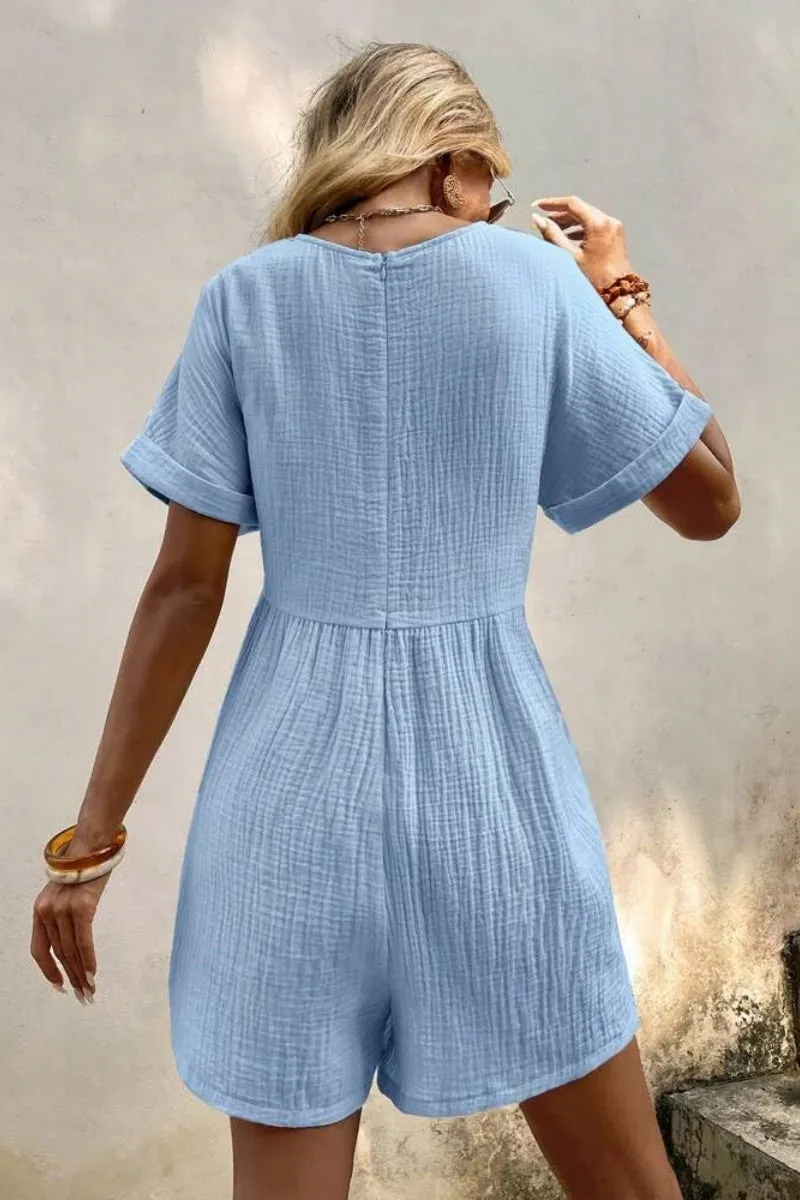 Chouyatou Womens Short Sleeve Rompers Summer Casual Loose Fit V-Neck Short One Piece Jumpsuits with Pockets