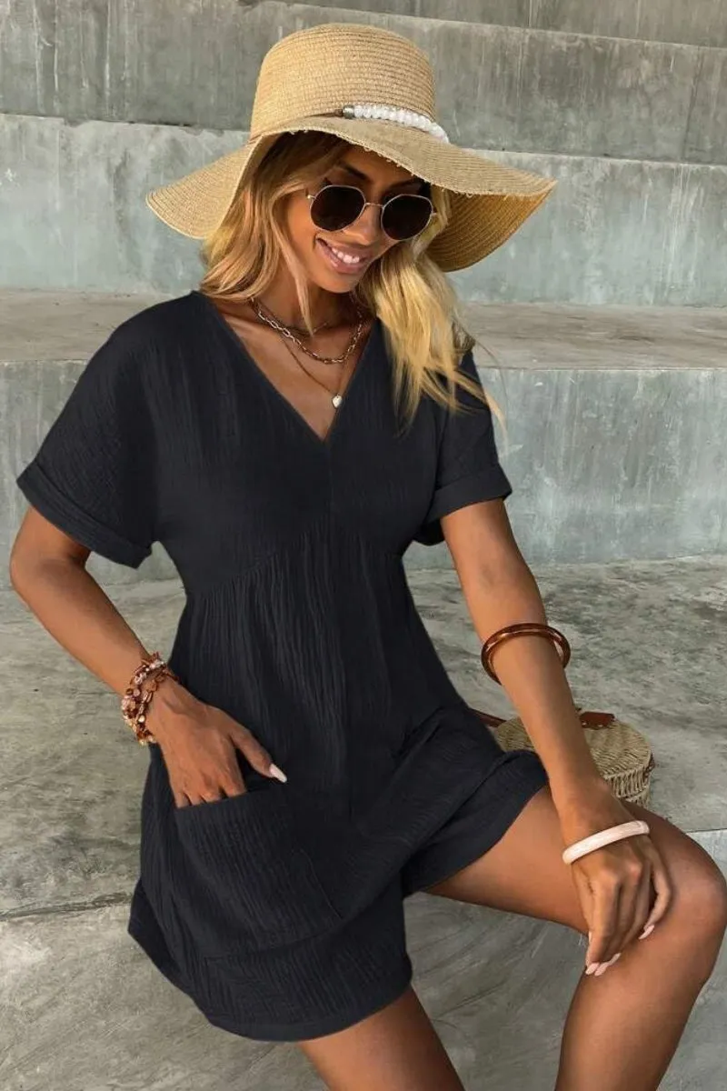 Chouyatou Womens Short Sleeve Rompers Summer Casual Loose Fit V-Neck Short One Piece Jumpsuits with Pockets