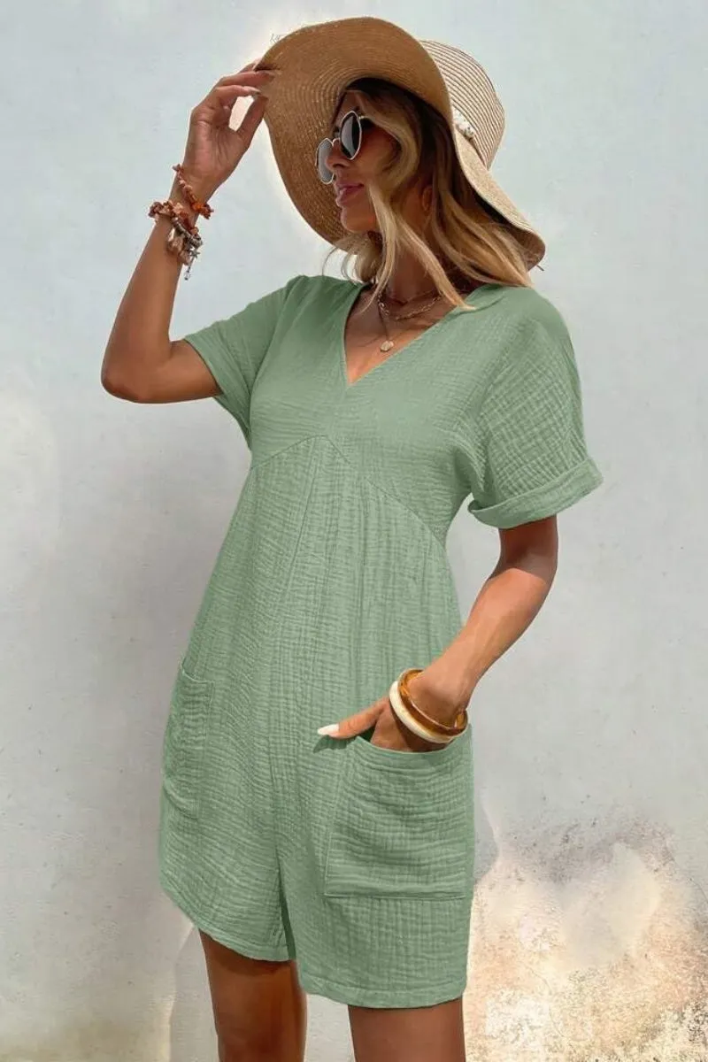 Chouyatou Womens Short Sleeve Rompers Summer Casual Loose Fit V-Neck Short One Piece Jumpsuits with Pockets