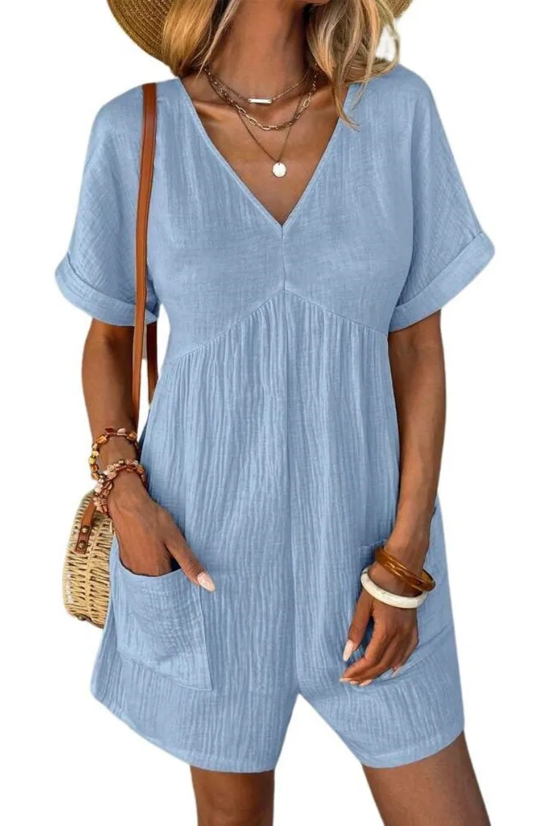 Chouyatou Womens Short Sleeve Rompers Summer Casual Loose Fit V-Neck Short One Piece Jumpsuits with Pockets