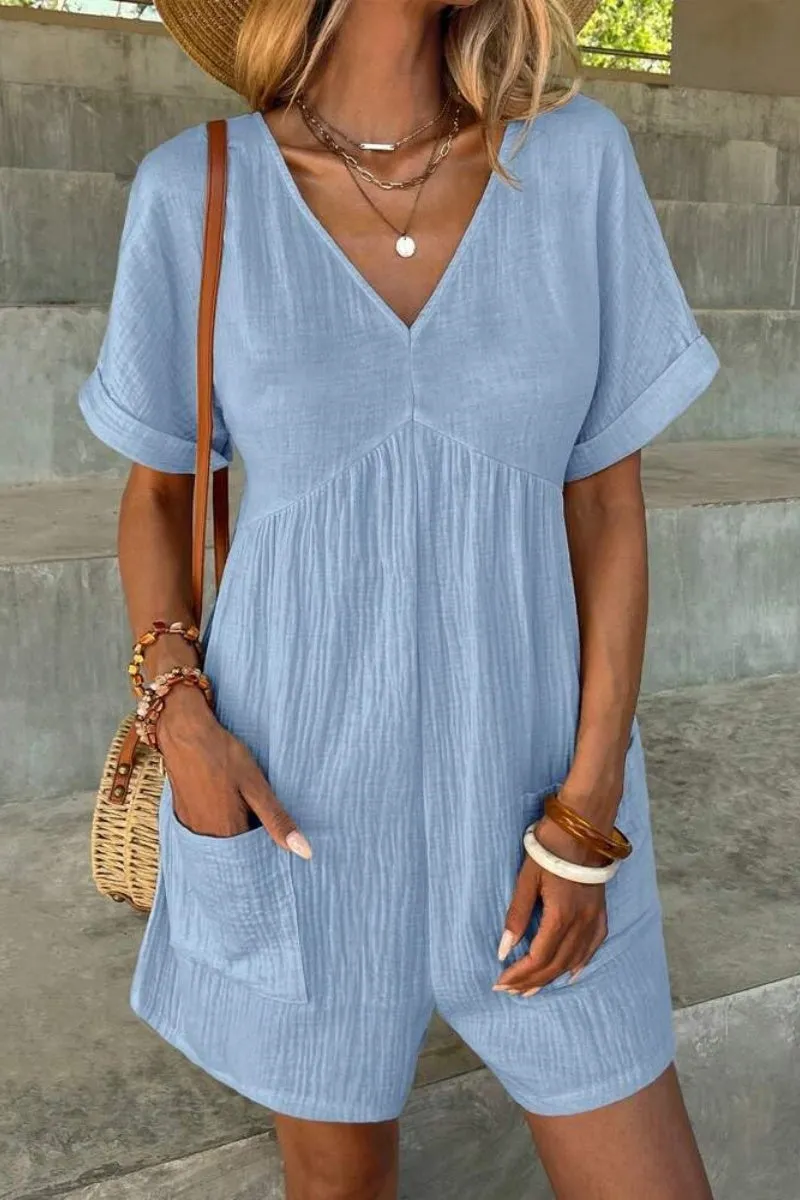 Chouyatou Womens Short Sleeve Rompers Summer Casual Loose Fit V-Neck Short One Piece Jumpsuits with Pockets