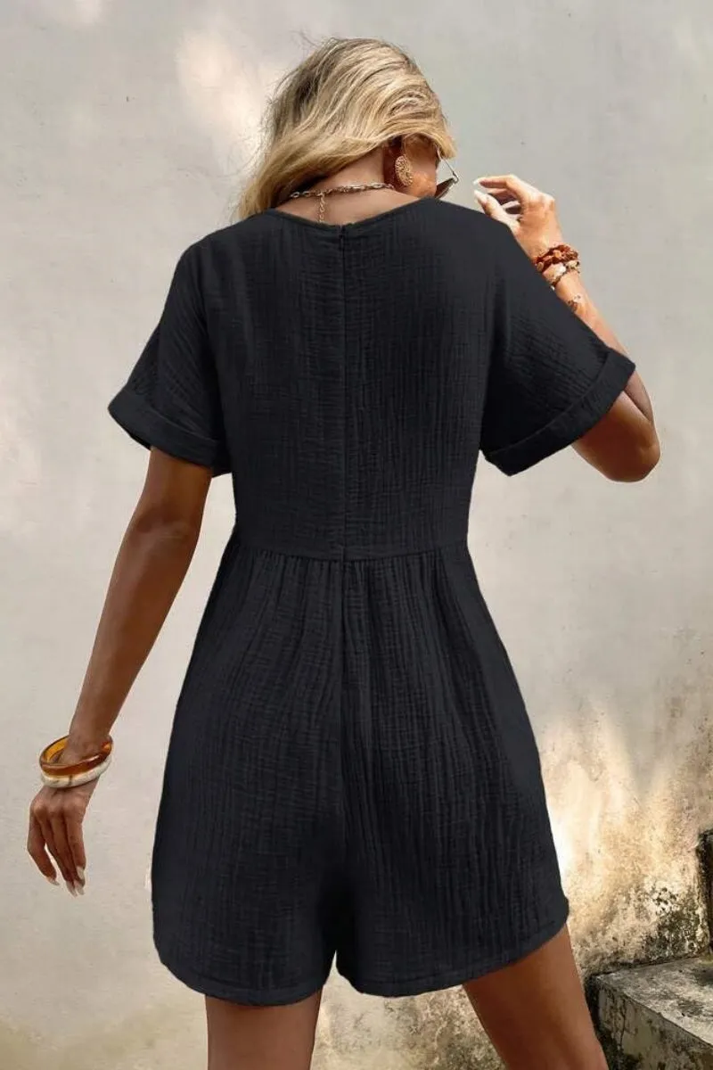 Chouyatou Womens Short Sleeve Rompers Summer Casual Loose Fit V-Neck Short One Piece Jumpsuits with Pockets