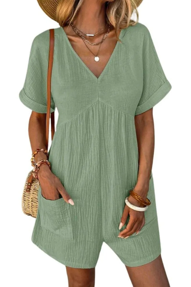 Chouyatou Womens Short Sleeve Rompers Summer Casual Loose Fit V-Neck Short One Piece Jumpsuits with Pockets