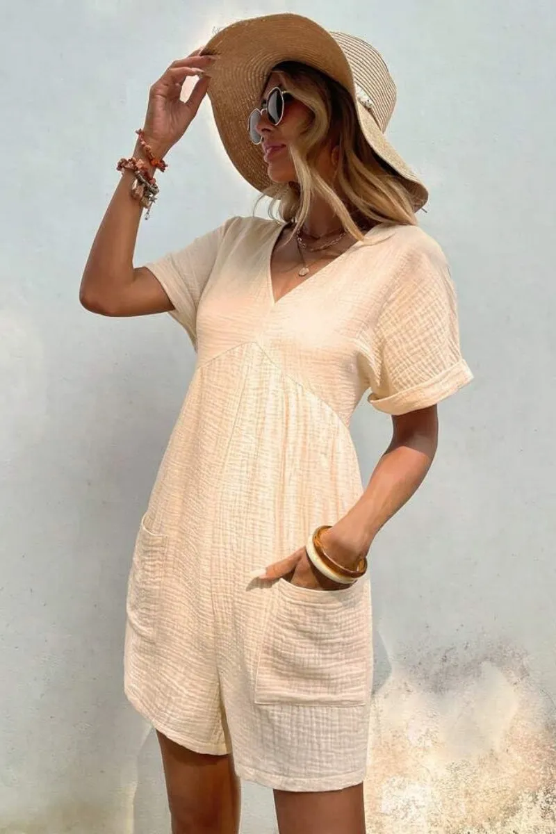 Chouyatou Womens Short Sleeve Rompers Summer Casual Loose Fit V-Neck Short One Piece Jumpsuits with Pockets