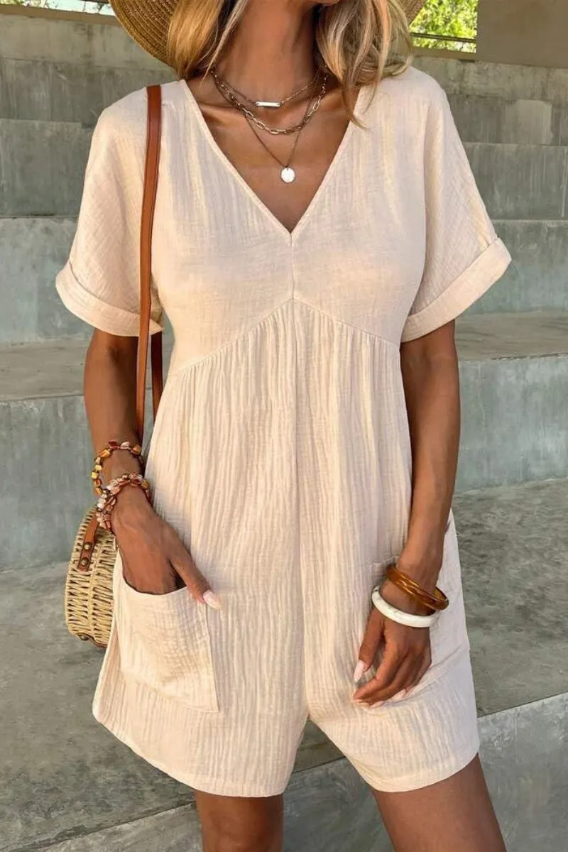 Chouyatou Womens Short Sleeve Rompers Summer Casual Loose Fit V-Neck Short One Piece Jumpsuits with Pockets