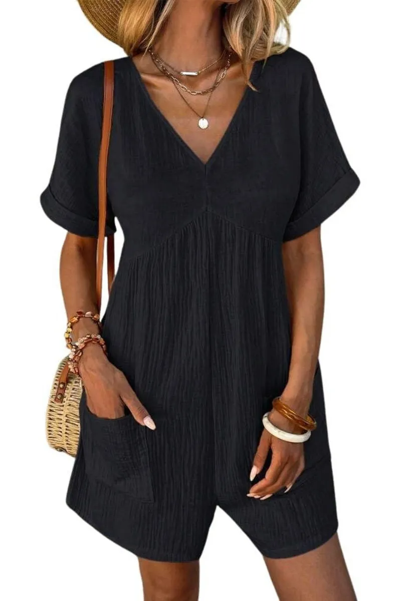 Chouyatou Womens Short Sleeve Rompers Summer Casual Loose Fit V-Neck Short One Piece Jumpsuits with Pockets