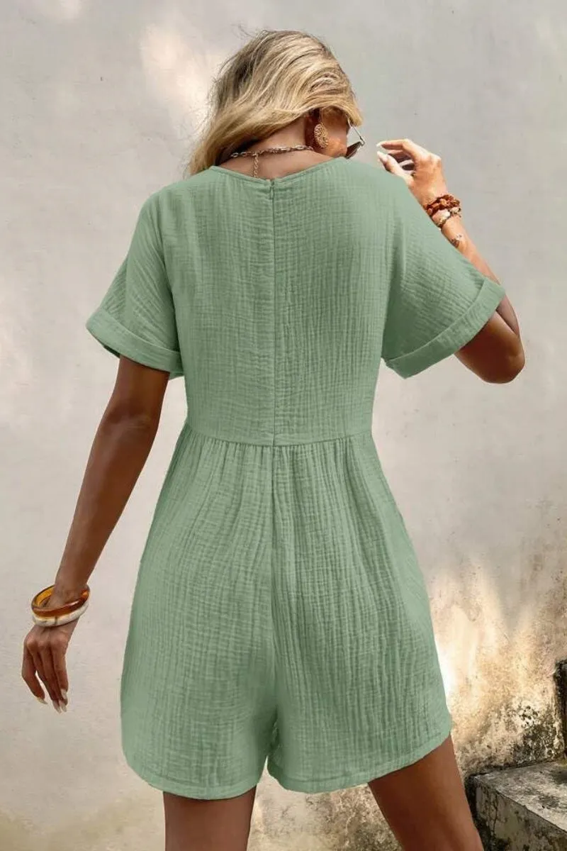 Chouyatou Womens Short Sleeve Rompers Summer Casual Loose Fit V-Neck Short One Piece Jumpsuits with Pockets