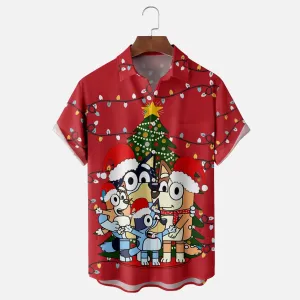 Christmas Dog Cartoon Breast Pocket Casual Shirt