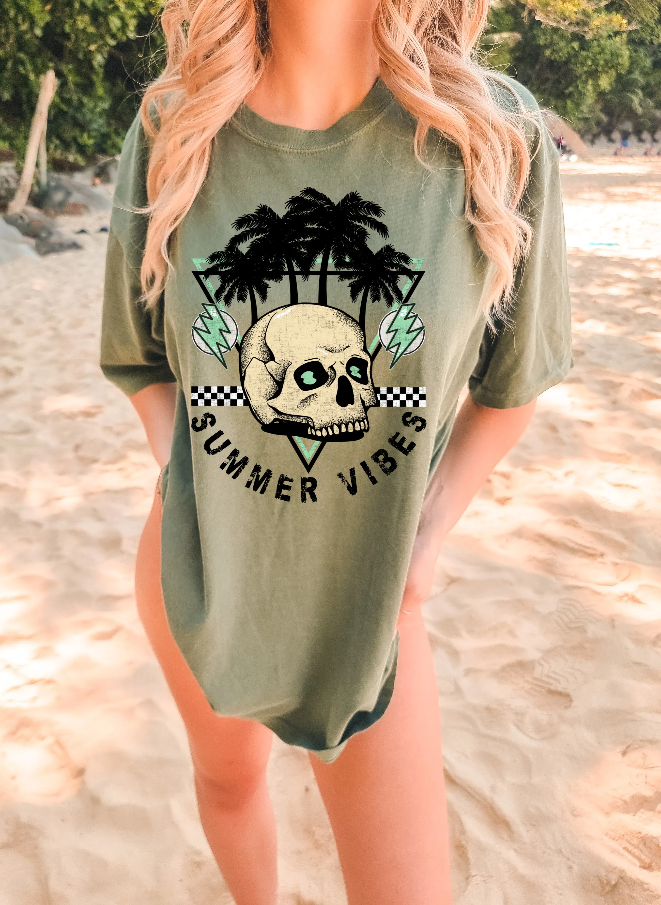 Comfort Colors Summer Vibes Beach Cover Up Vacation Summer Tee /Skull Summer /Tropical Palm Tree Shirt