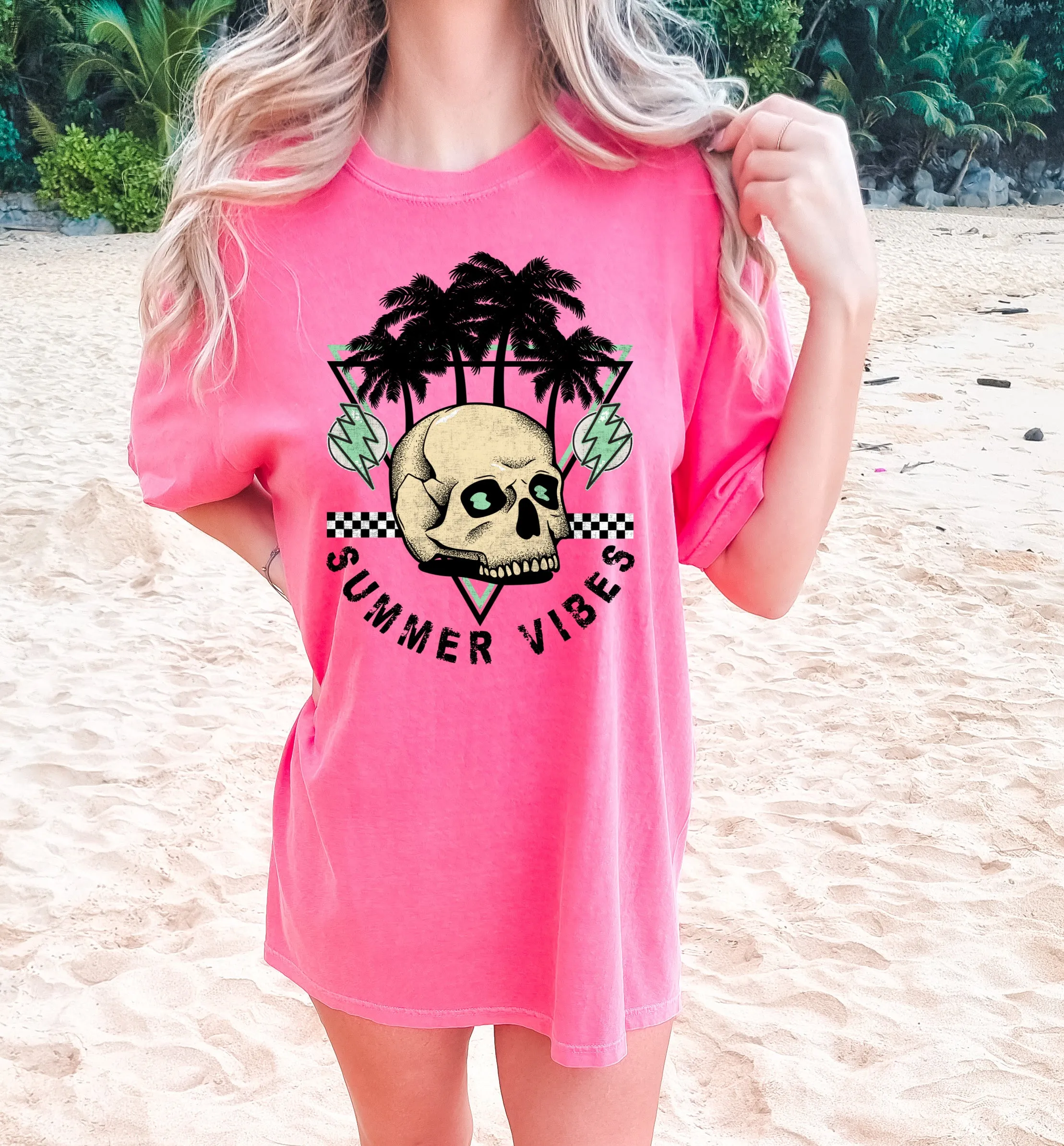 Crunchberry Comfort Colors Summer Vibes Beach Cover Up Vacation Summer Tee /Skull Summer /Tropical Palm Tree Shirt