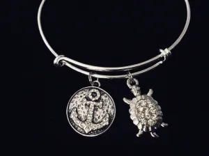 Crystal Anchor with Turtle Adjustable Bracelet Expandable Charm Bangle Ocean Nautical Vacation Jewelry One Size Fits All Gift Rhinestone