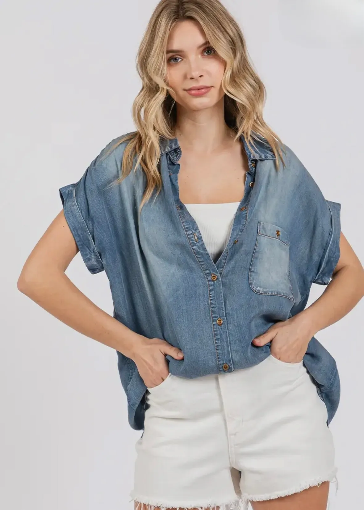 Curvy Rolled Sleeve Denim Shirt