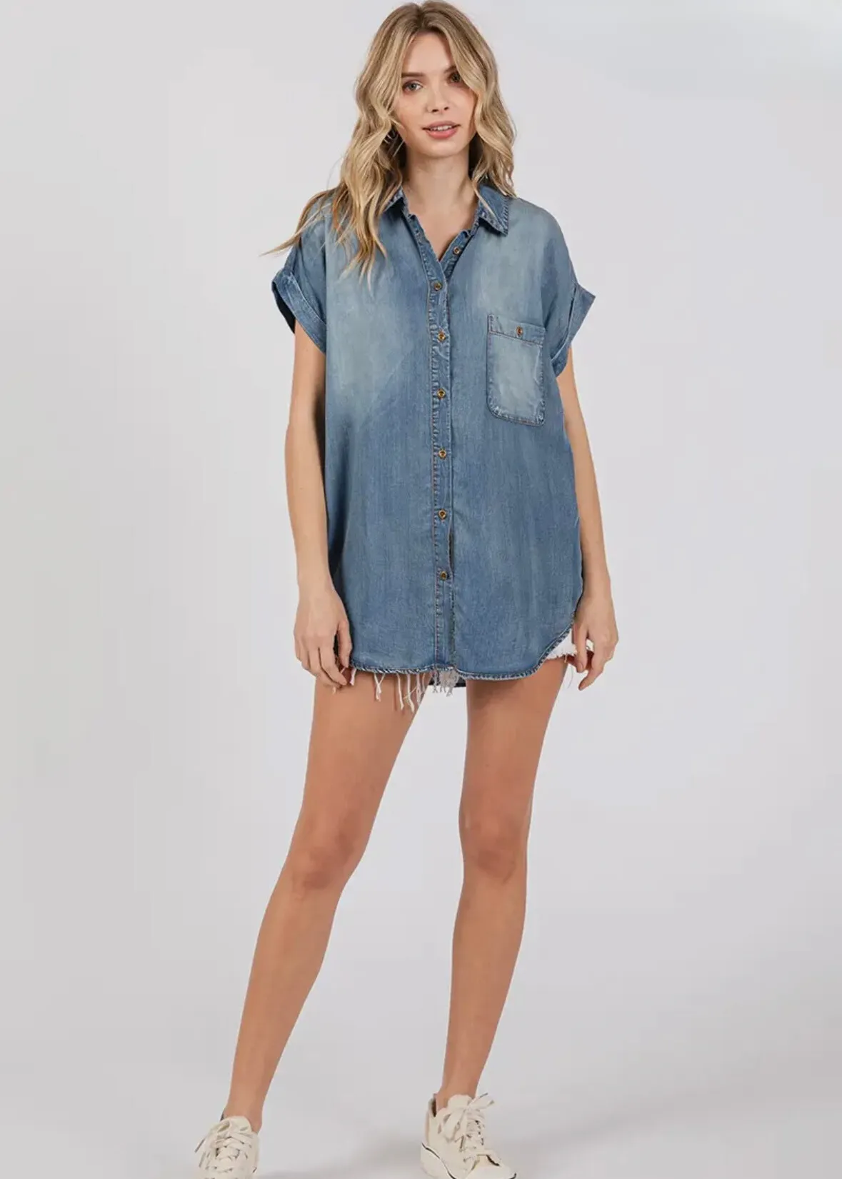 Curvy Rolled Sleeve Denim Shirt