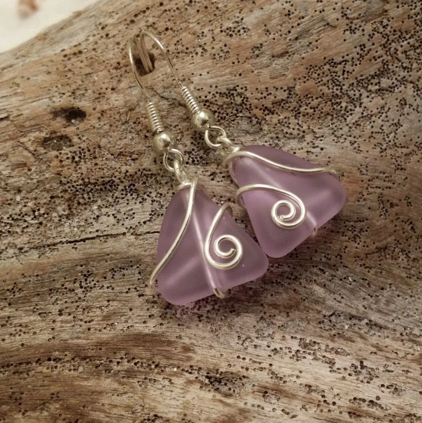 Design and handmade in Hawaii, Wire wrapped "Magical color changing"  purple sea glass earrings, gift wrapped in Hawaii