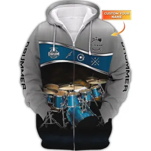 Drummer Shirt Blue Drums Personalized Name 3D Zipper Hoodie, 3D Hoodie Tshirt