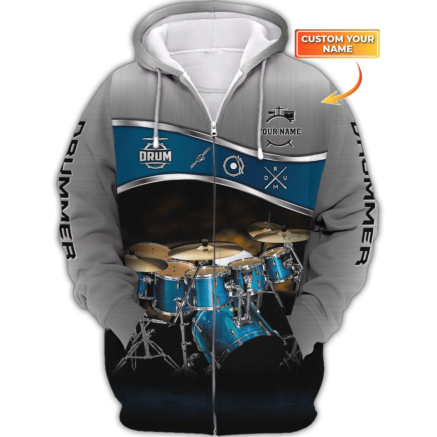 Drummer Shirt Blue Drums Personalized Name 3D Zipper Hoodie, 3D Hoodie Tshirt