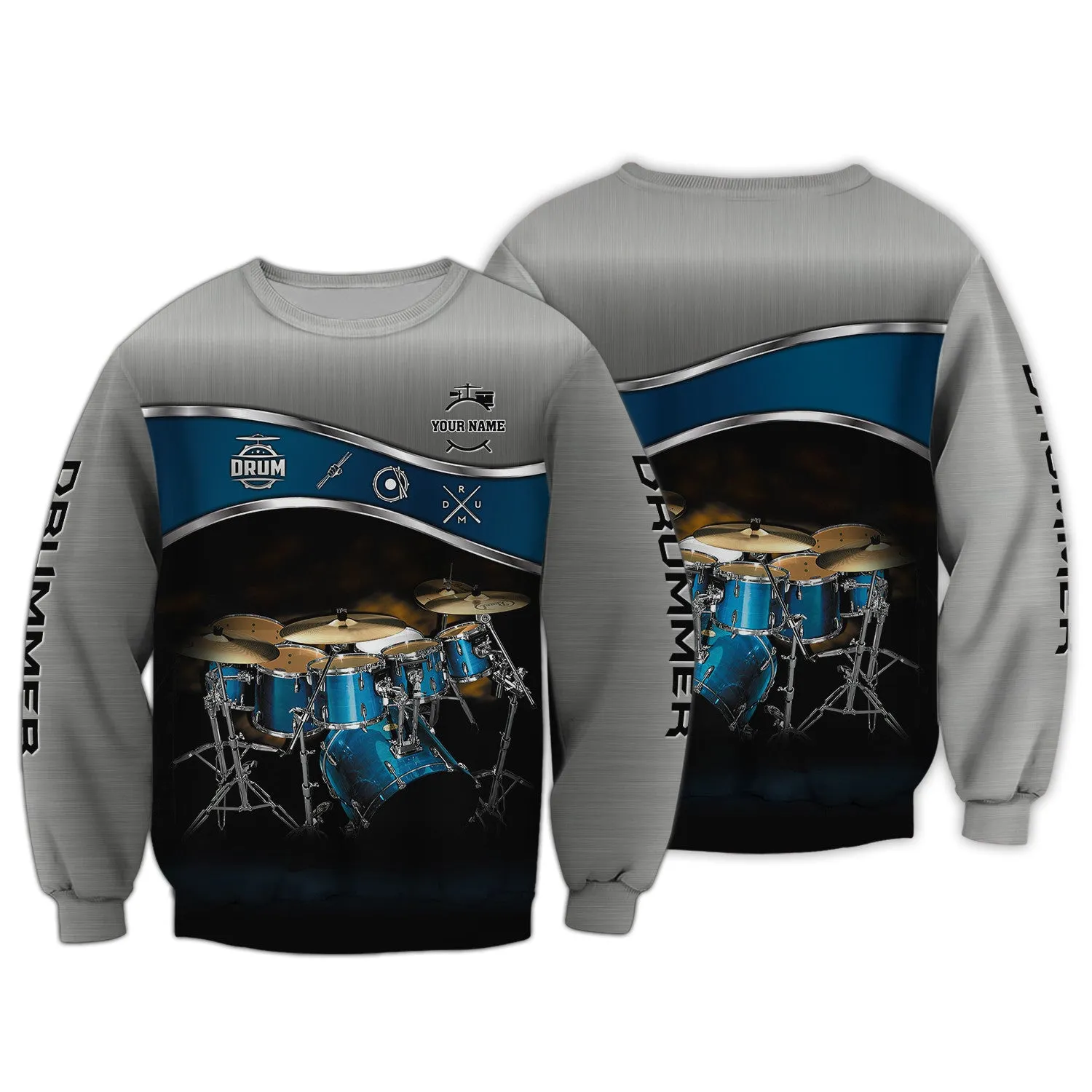 Drummer Shirt Blue Drums Personalized Name 3D Zipper Hoodie, 3D Hoodie Tshirt