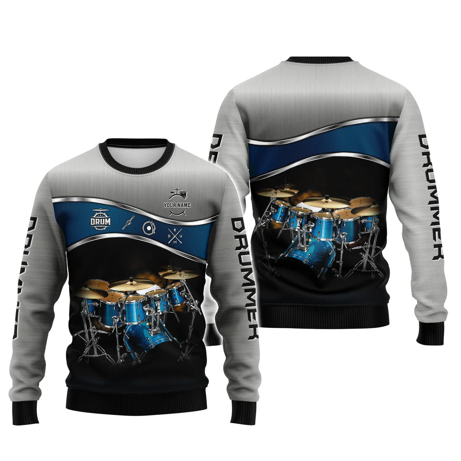 Drummer Shirt Blue Drums Personalized Name 3D Zipper Hoodie, 3D Hoodie Tshirt