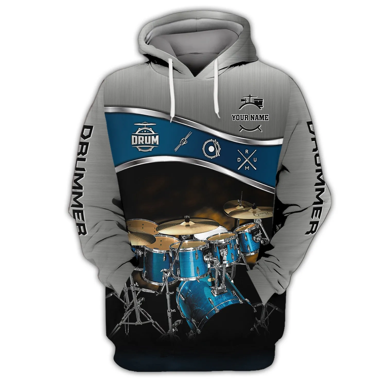 Drummer Shirt Blue Drums Personalized Name 3D Zipper Hoodie, 3D Hoodie Tshirt