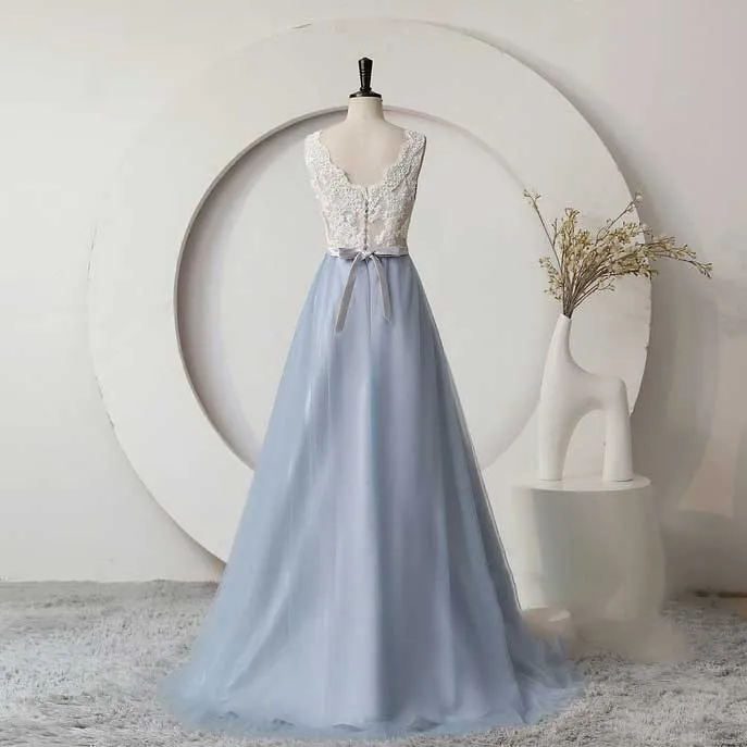 Dusty Blue Boho Lace Wedding Dress with Tulle Skirt ET3062