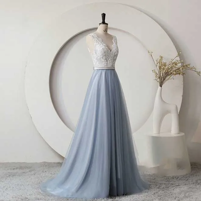 Dusty Blue Boho Lace Wedding Dress with Tulle Skirt ET3062