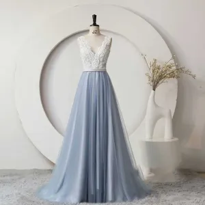 Dusty Blue Boho Lace Wedding Dress with Tulle Skirt ET3062