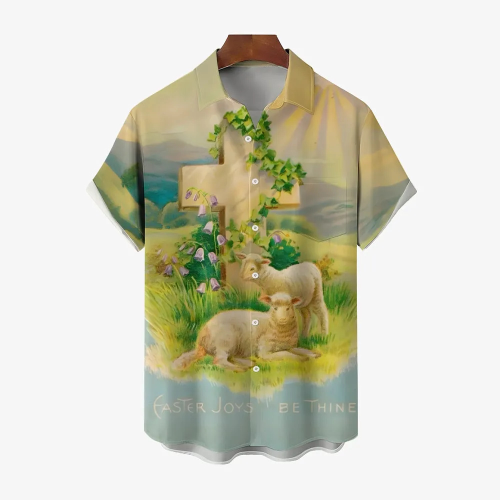 Easter Sheep Cross Print Casual Short Sleeve Shirt 2412010139