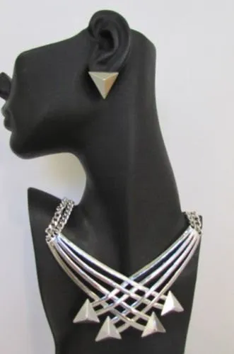 Gold Metal Chains Arrows Strands 14" Necklace Earring Set