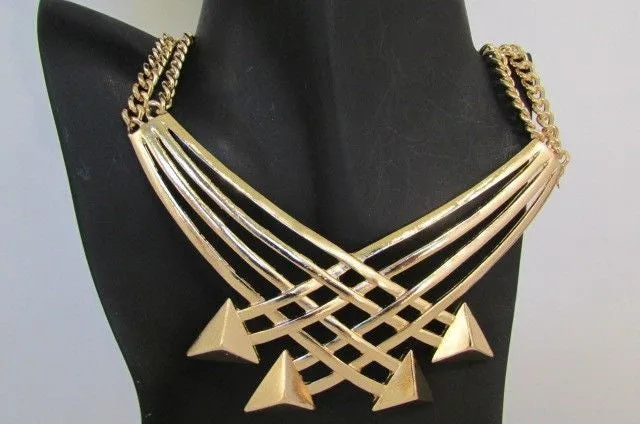 Gold Metal Chains Arrows Strands 14" Necklace Earring Set